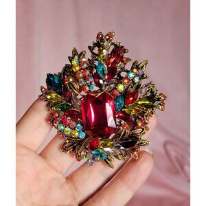Colorful Pink Green Blue Rhinestone Statement Costume Pin Brooch BR1